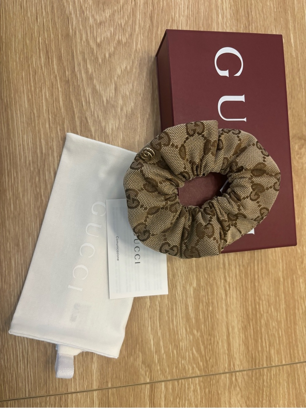 Gucci Beige and Brown Monogram Scrunchie with Gold GG Accent - Picture 3 of 6